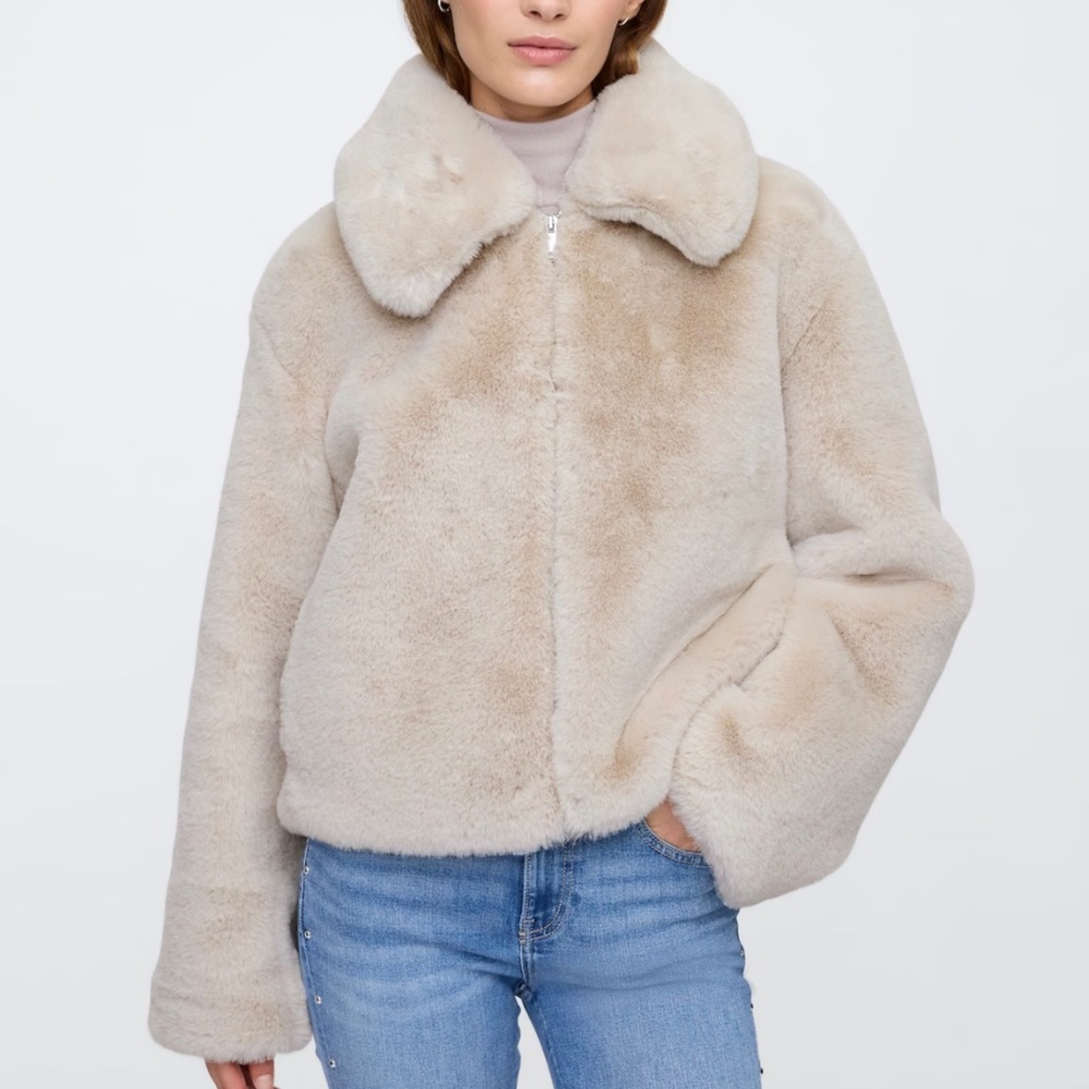 Gap Factory Relaxed Recycled Faux Fur Jacket Natural Large NWT